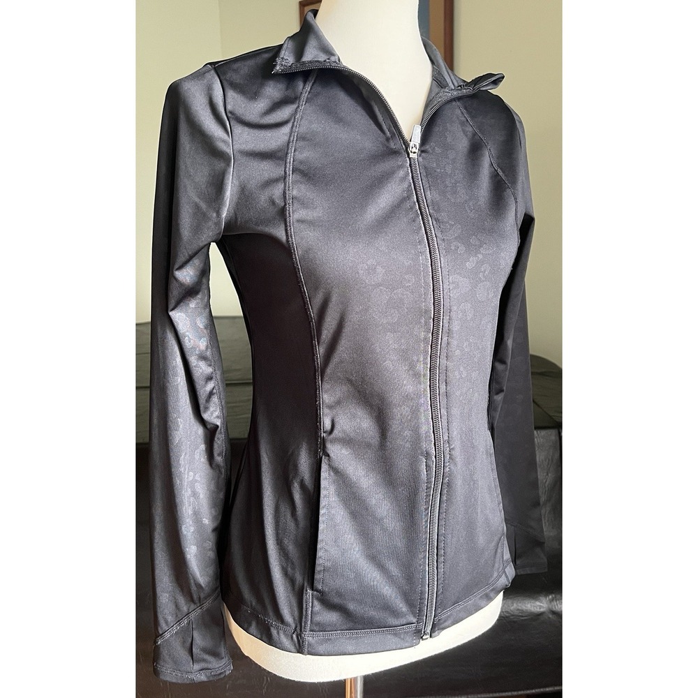 BSP Woman's Black Light Full Zip Jacket Sz S Athletic Training Leopard Print